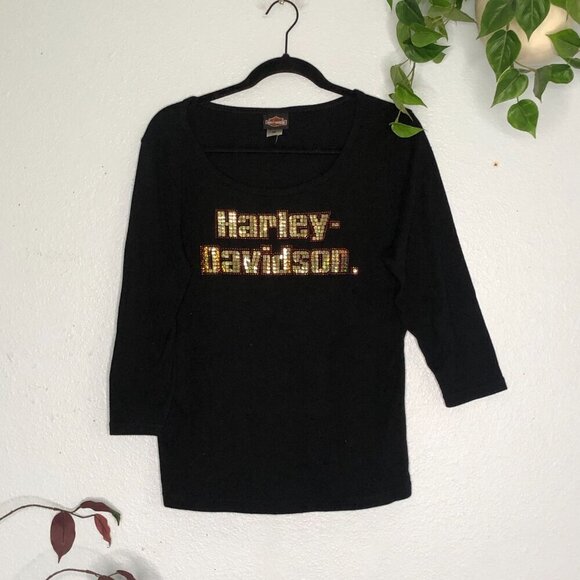 Harley Davidson Black Scoop Neck Top Sparkle XL - Picture 2 of 6